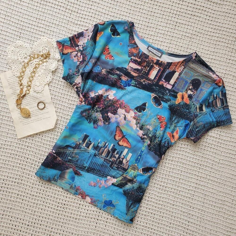 Y2k aqua blues butterfly new york graphic shirt